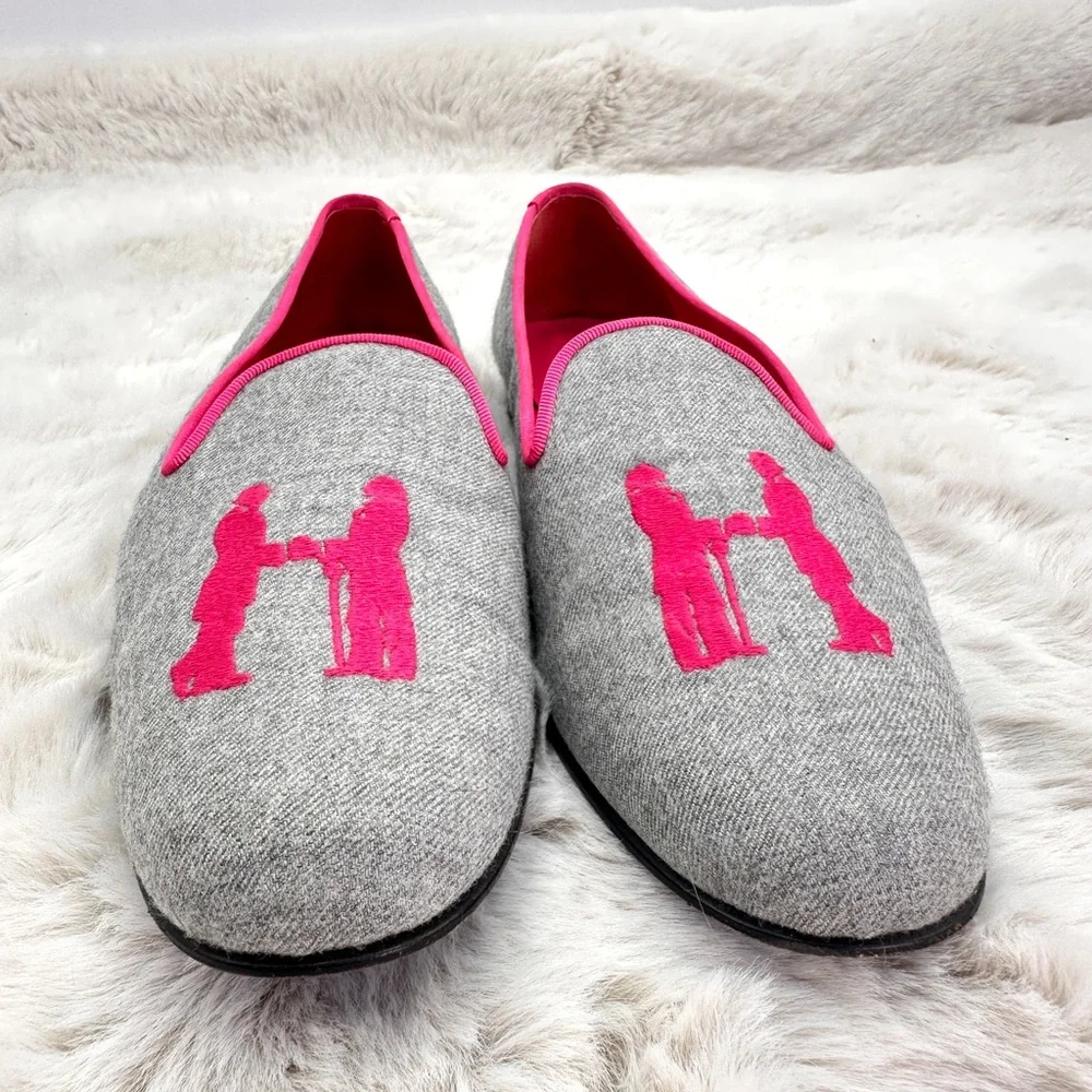 Hadleigh’s Audrey‎ Linen Loafer embroidered flats 38 US 8 Pink smoking slipper
